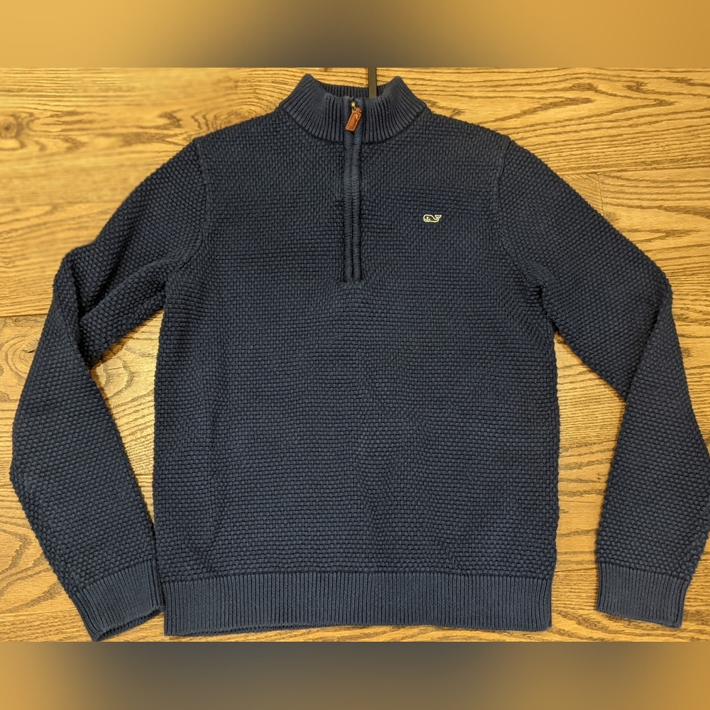 Vineyard Vines Boys 1/4 Zip Waffle Knit Pullover Sweater Blue Large 16